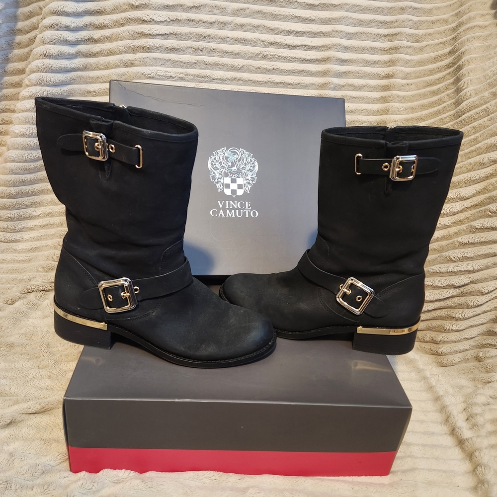 Vince Camuto Black Moto Boots with Gold Accents